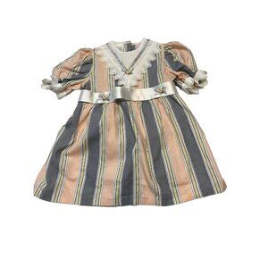 VTG Girls Striped Cottagecore Dress Littlewoods Sz. 2-3 Lace Ribbon Bow Britain